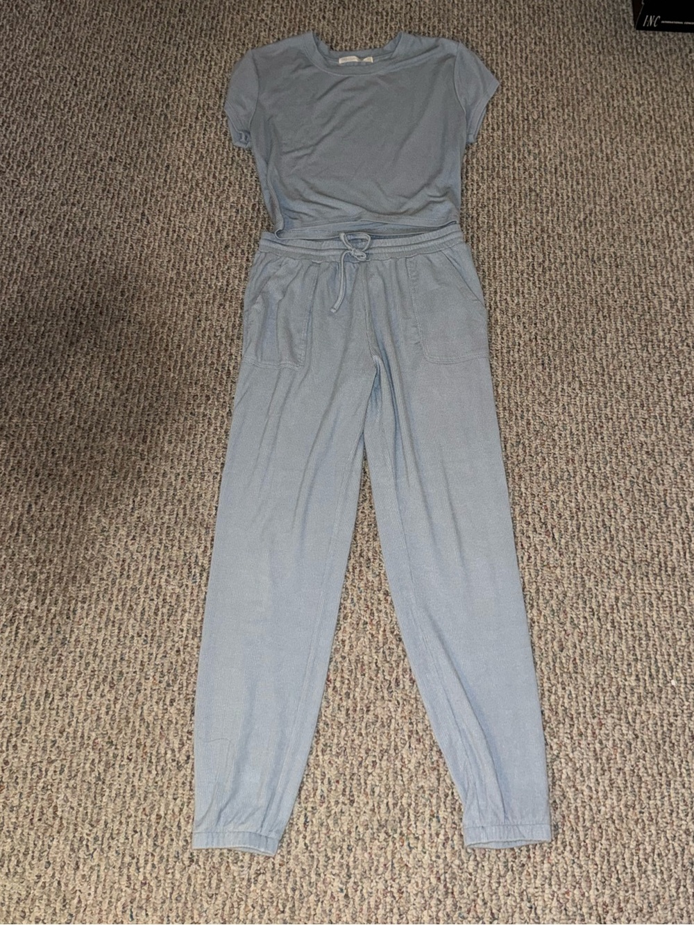 Light Blue Women's Knit Jogger Jumpsuit with Drawstring Waist